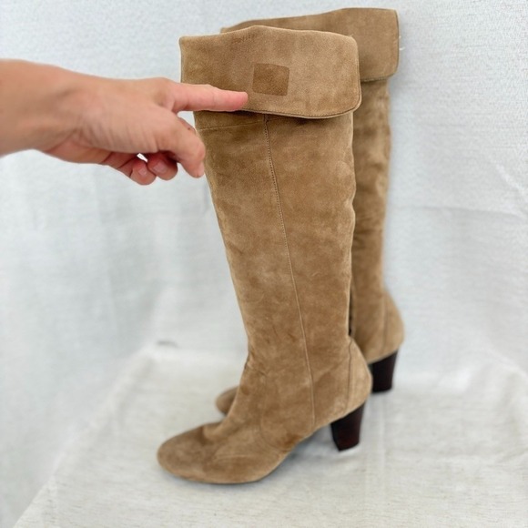 Bandolino Eye Candy Tall Tan Suede Leather Fold Over Knee‎ High Boots Women's 9 - Picture 4 of 9